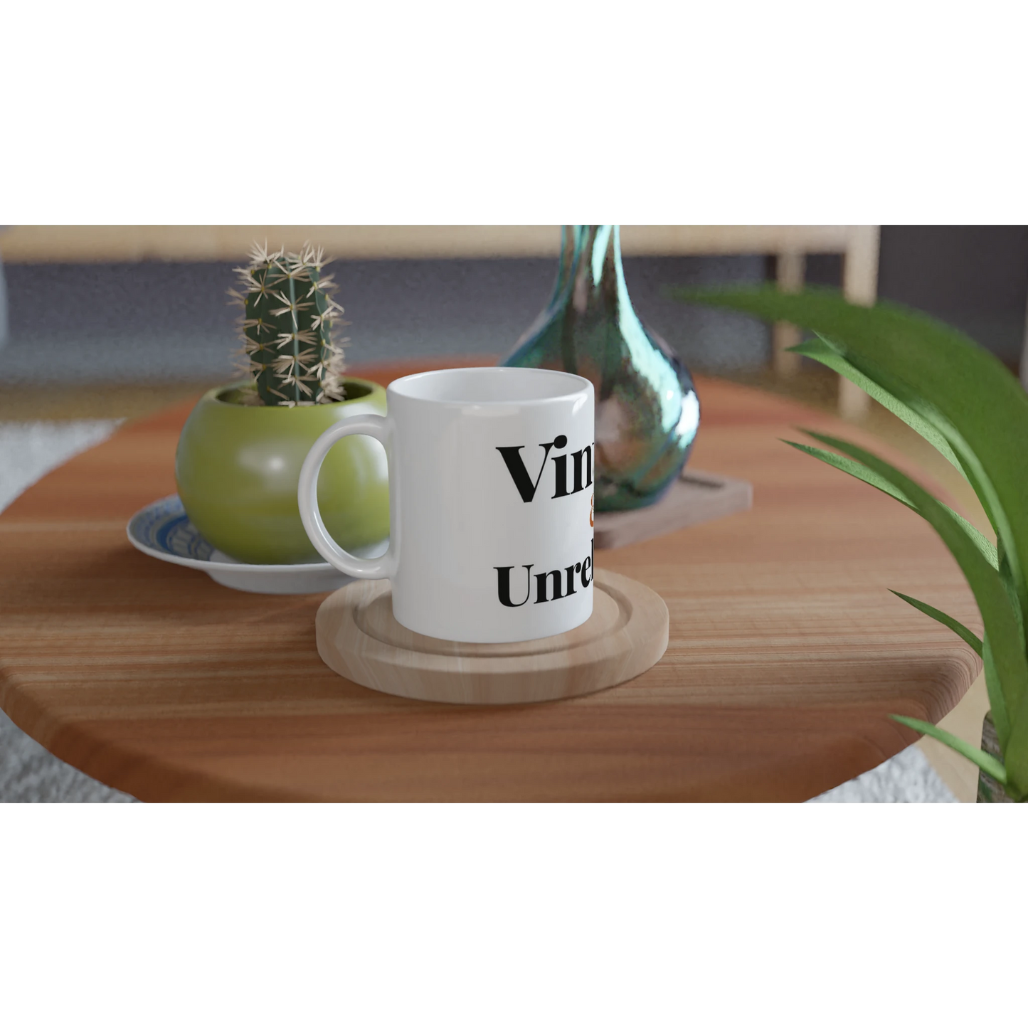 Vintage And Unreliable funny birthday mug on wooden tray with plant lifestyle setting