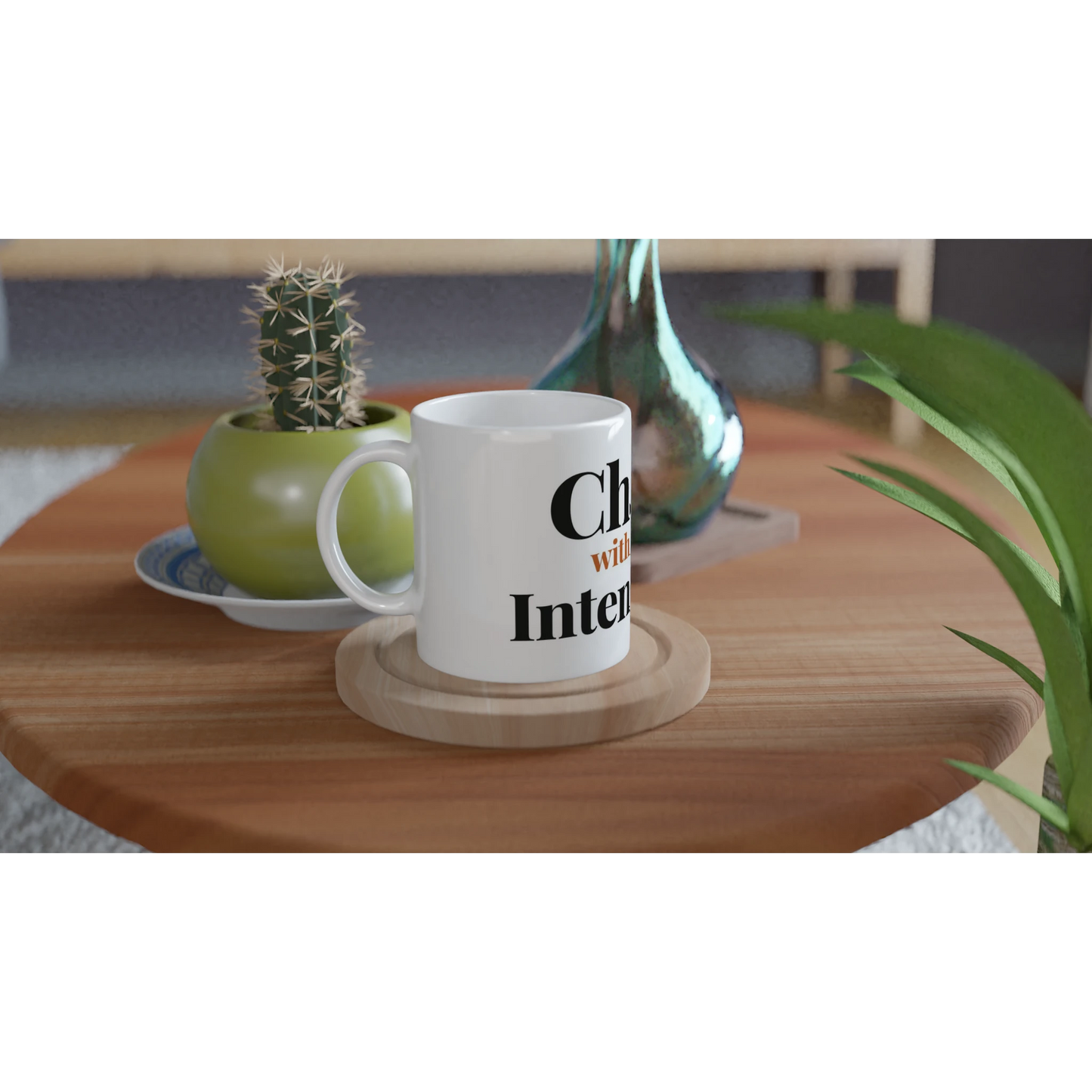 Chaos With Good Intentions funny typography mug on wooden tray with plant lifestyle setting