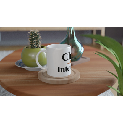 Chaos With Good Intentions funny typography mug on wooden tray with plant lifestyle setting
