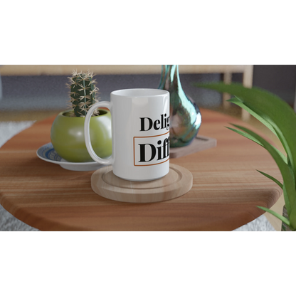 Delightfully Difficult funny typography mug on wooden tray with plant lifestyle setting