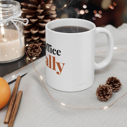 Out Of Office Mentally funny office mug styled in a warm cosy setting with pine cones cinnamon and fairy lights