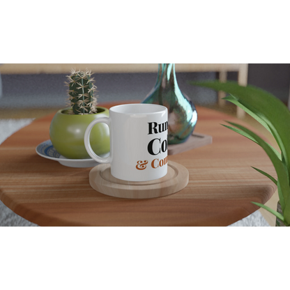 Runs On Coffee And Complaints funny typography mug on wooden tray with plant lifestyle setting