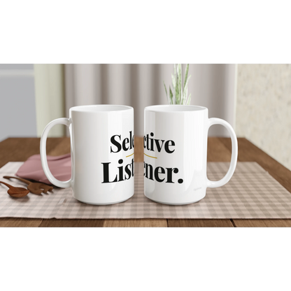 Selective Listener funny typography mugs on table with flowers lifestyle setting