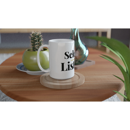 Selective Listener funny typography mug on wooden tray with plant lifestyle setting