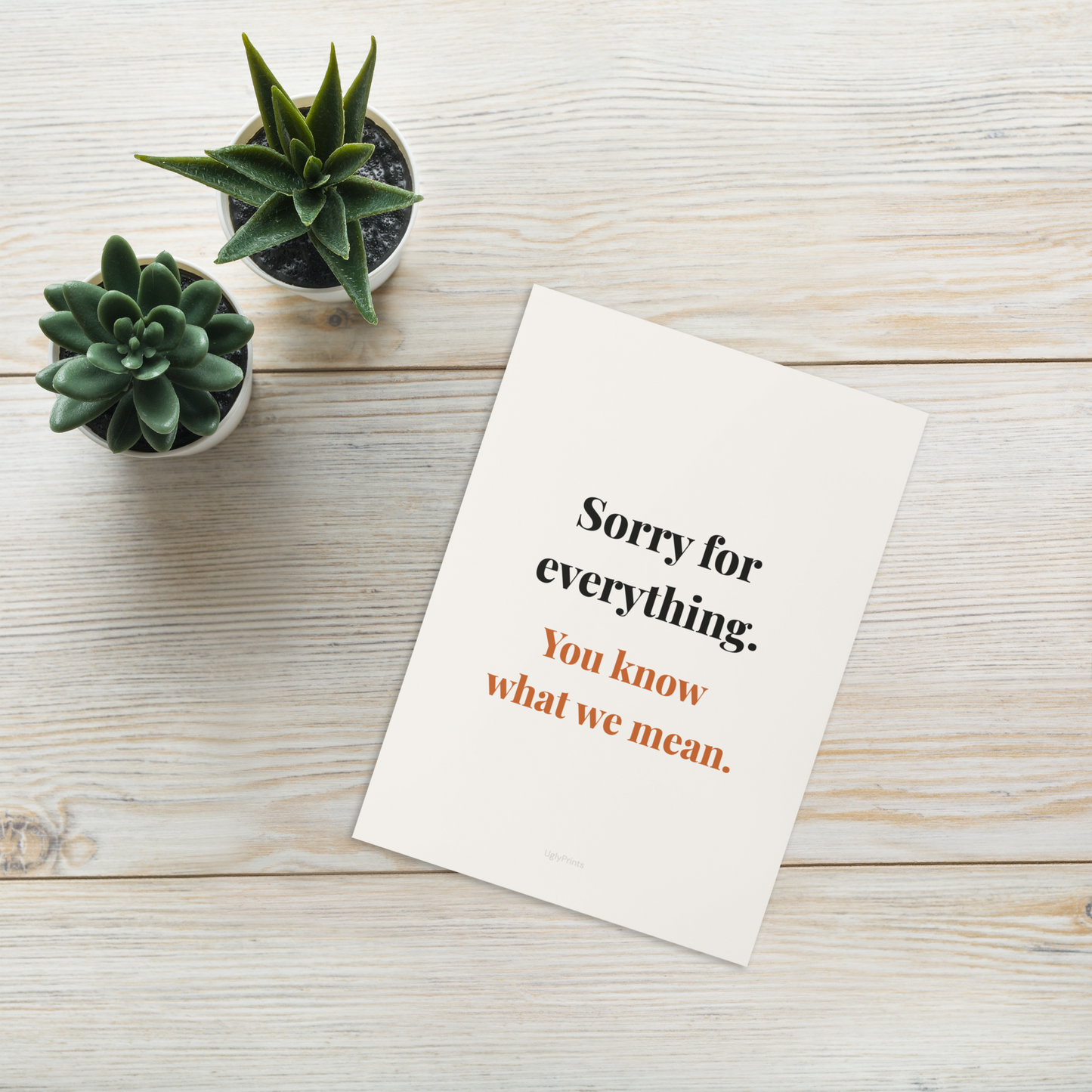 Sorry for Everything funny typography Mothers Day card on desk with plant
