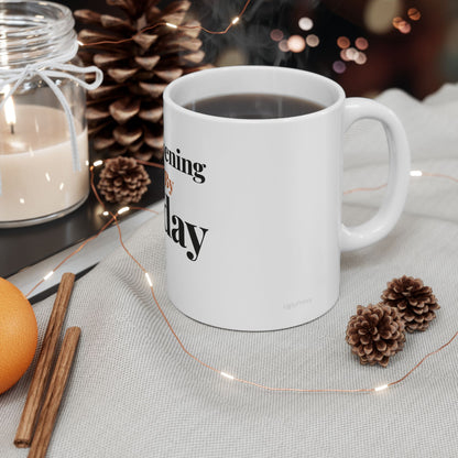 Sunday Evening Ruined By Monday funny office mug styled in a warm cosy setting with pine cones cinnamon and fairy lights