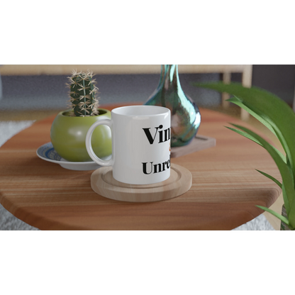 Vintage And Unreliable funny birthday mug on wooden tray with plant lifestyle setting