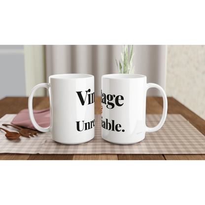 Vintage And Unreliable funny birthday mugs on table with flowers lifestyle setting