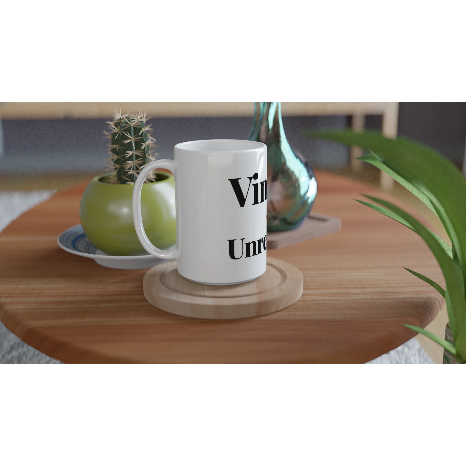 Vintage And Unreliable funny birthday mug on wooden tray with plant lifestyle setting